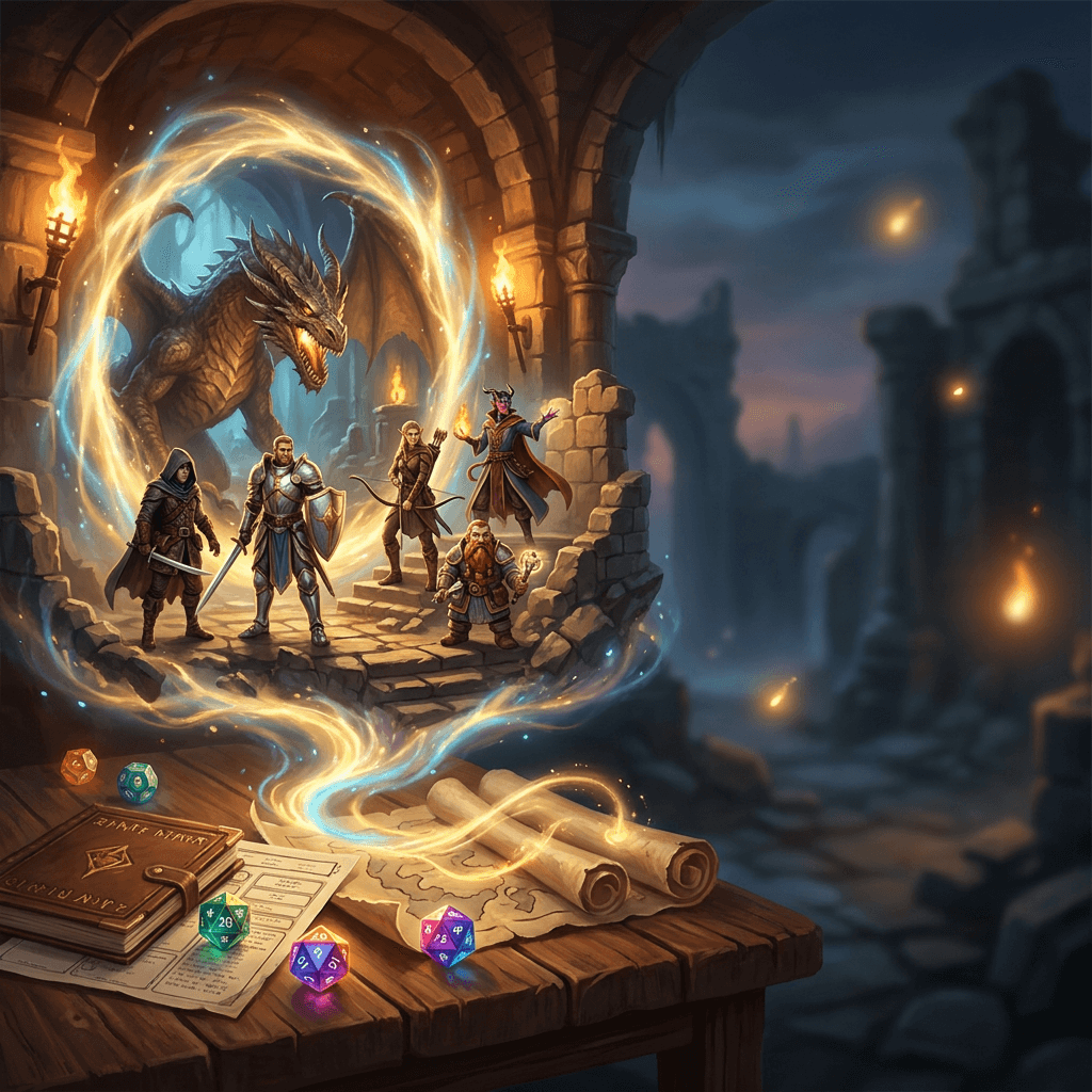 A cinematic fantasy tabletop RPG scene where a group of players’ dice, character sheets, and miniatures transform into a living adventure world. In the foreground, glowing twenty-sided dice and parchment maps sit on a wooden gaming table; rising from the table is an epic adventuring party: a hooded rogue, armored paladin, elven archer, tiefling mage, and dwarf cleric facing a massive ancient dragon inside a ruined dungeon. Magical portal light connects the real tabletop to the fantasy world. High-detail painterly fantasy art, dramatic warm torchlight, heroic composition, immersive campaign energy, designed as a landing page hero image with clean empty space on the right for headline text, no readable text, no logos, no UI, no watermark.