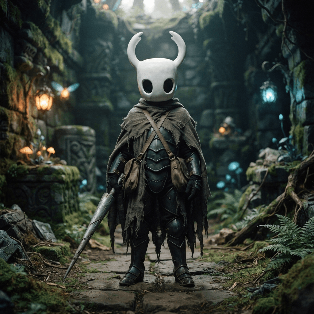a small cloaked bug knight with a white horned mask and a nail sword, cosplay reference, full body, standing portrait